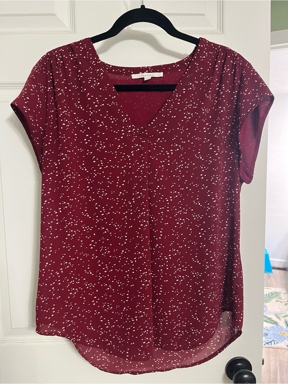 fun 2 fun Burgundy V-Neck Short Sleeve Printed Blouse